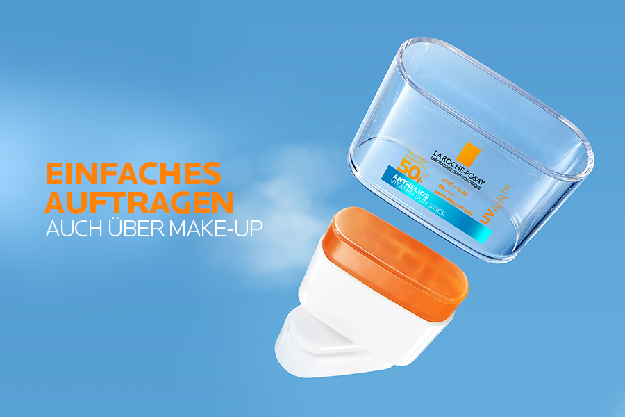 La Roche-Posay Anthelios UV Air Stick LSF 50+ mit Text 'Unsichtbar auf allen Hauttönen, schützt mit einer Bewegung'.